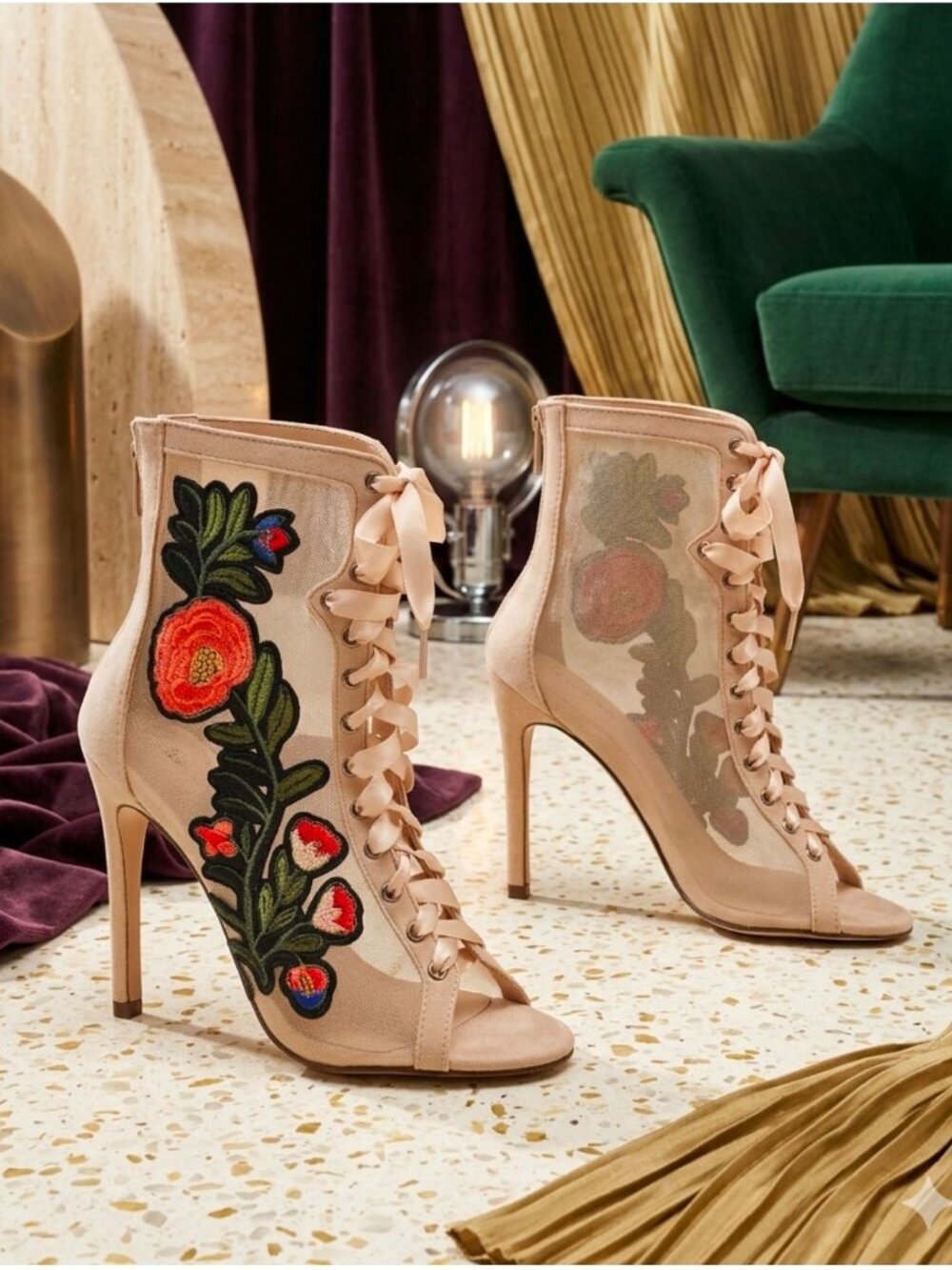 Floral Embroidered Mesh Lace-Up Stiletto Heels With Back Zipper